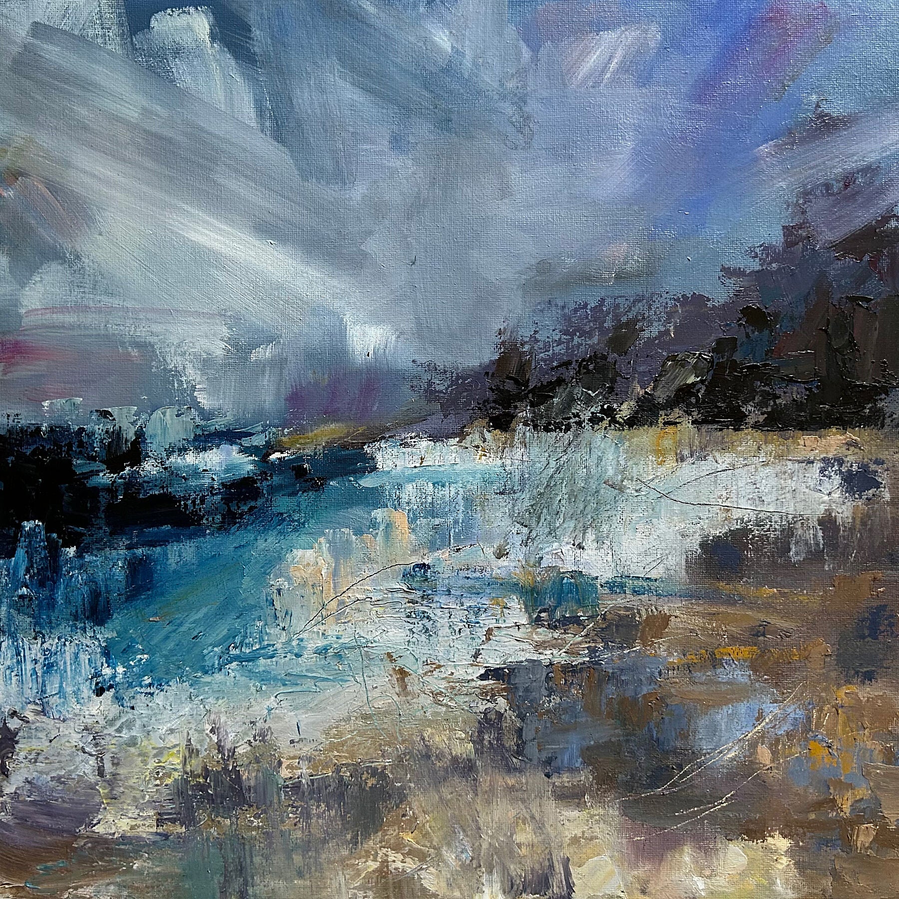 Limited edition art print titled "Windy and Salty, Fowey" by Agnieszka Lokaj. Shows a turbulent sea with whitecaps under a dramatic sky in Fowey, Cornwall. Evokes the feeling of a windy day by the coast